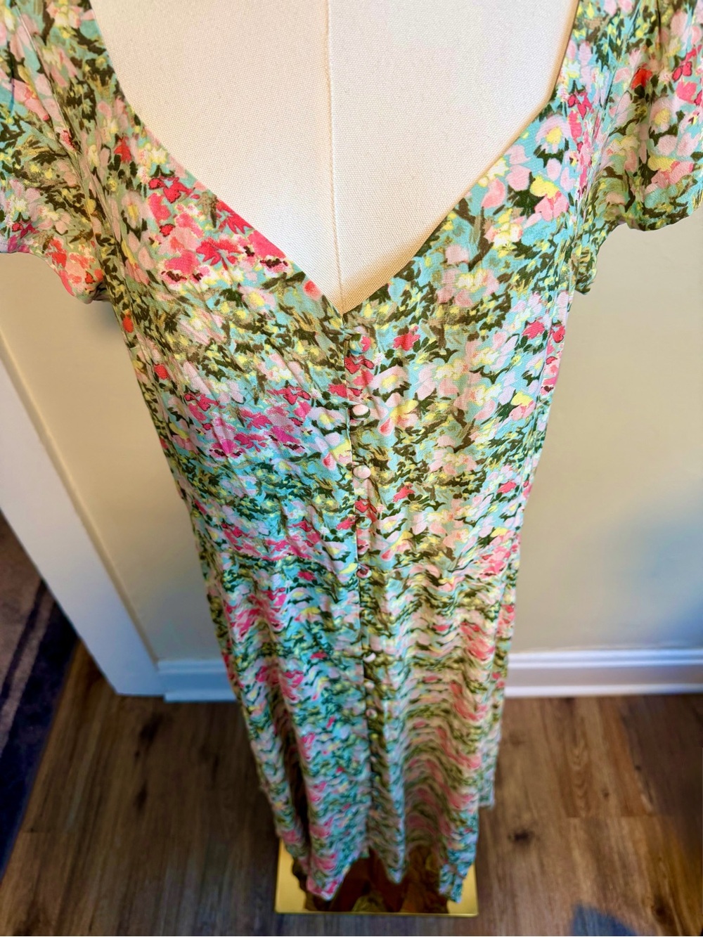 LOFT Green Floral Maxi Dress with Pink Accents
